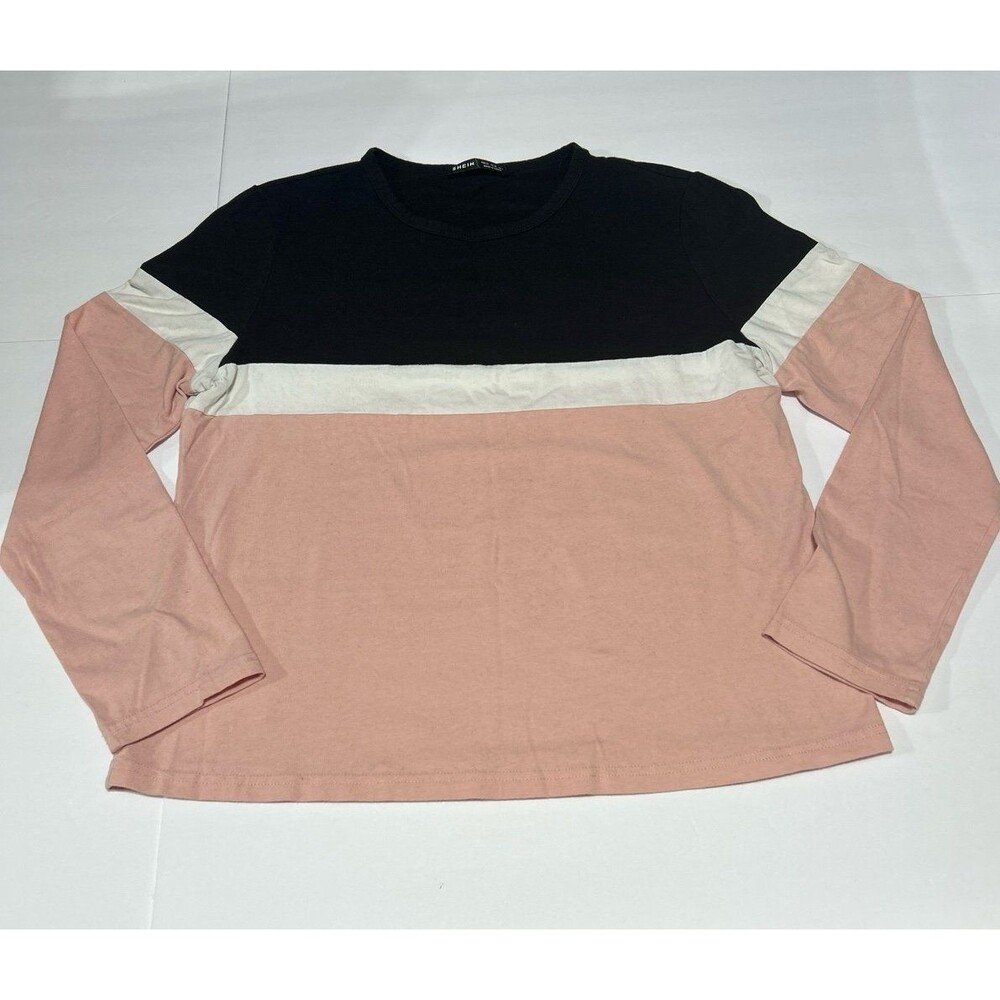 SHEIN Women's Colorblock Long Sleeve Shirt Black Pink White Crew Neck Size MED